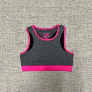 Bright pink and gray sports bra